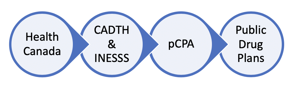 Flow of the process through: Health Canada, CADTH & INESSS, pCPA, and Public Drug plans
