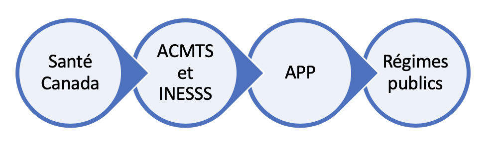 Déroulement du processus à travers : Santé Canada, l'ACMTS et l'INESSS, l'APP et les régimes publics d'assurance-médicaments